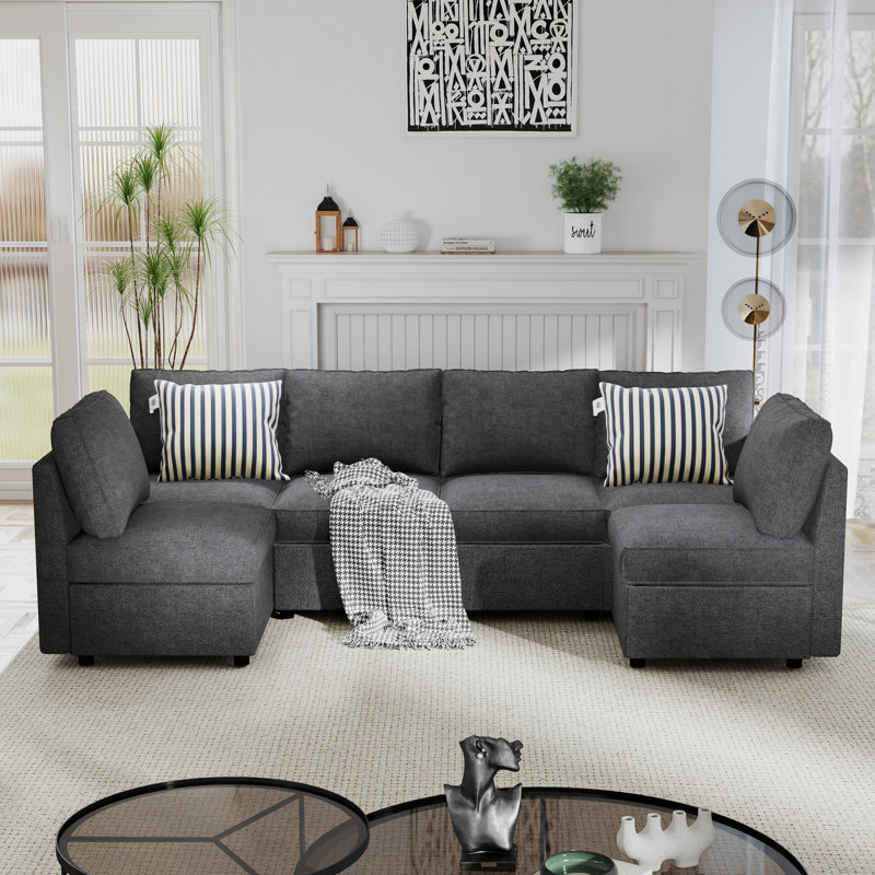 Bermea 6-Piece L-Shaped Soft Fabric Cushion Back Modular Sectional With Under-Seat Storage, Stormcloud Gray Polyester Blend