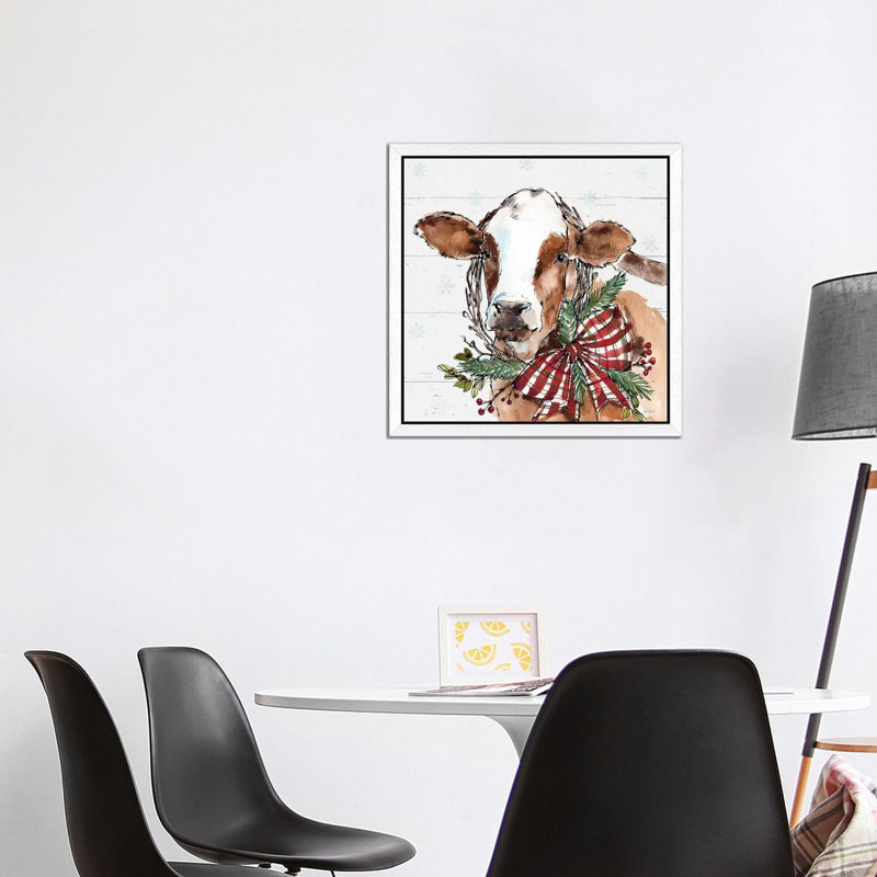 Christmas Cow by Anne Tavoletti - Painting on Canvas, 45.72 cm H x 45.72 cm W, White Floater Framed