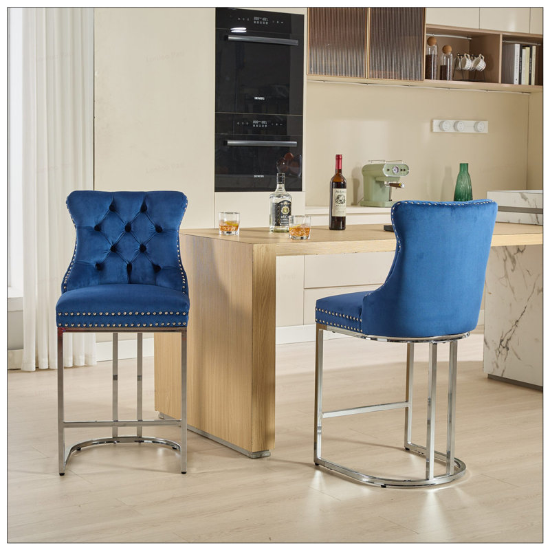 2PCS Counter Height Velvet Barstools With Button Back, Blue