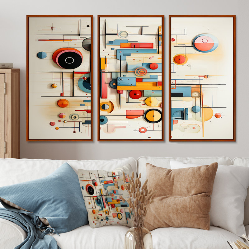 Ensemble d'art mural géométrique rétro Mid Century, Cadre flottant brun, H 32 po x l 48 po x P 1 po