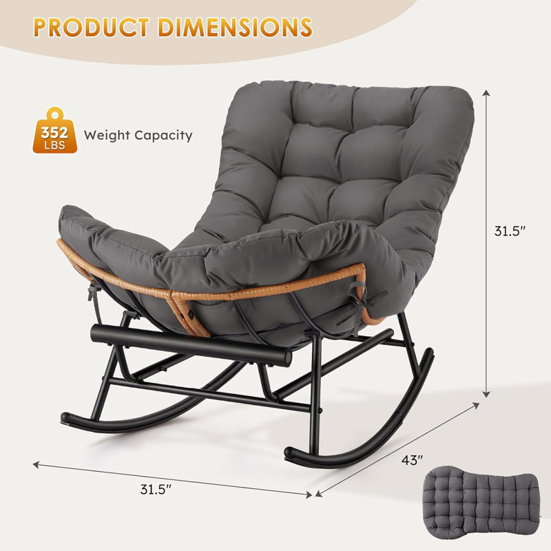 Papasan Rocking Chair with Footrest, Rattan Lounge Chair with Cushion, Gray