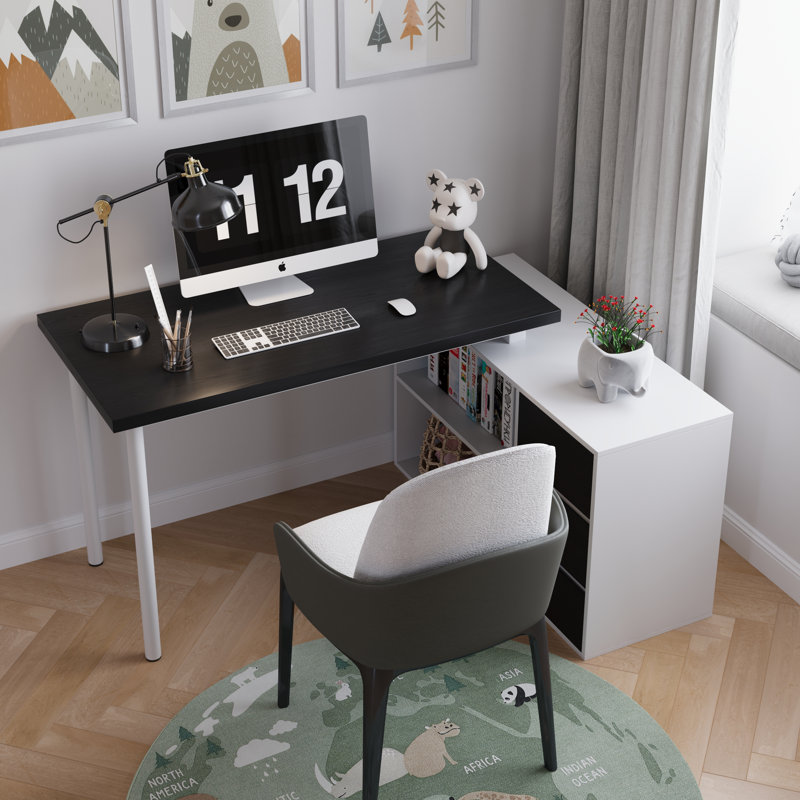 Shalonda L Shape Computer Desk With 3 Drawers And 2 Shelves, Home Office Desk Corner Small Desk With Storage Cabinet For Writing Study