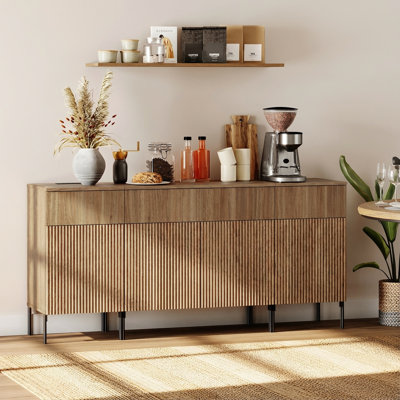 63" Wooden Reeded Sideboard With Doors And Drawers, 3-In-1 Modern Credenza With Charging Station For Kitchen, Dining Room