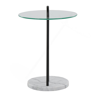 Claire Contemporary/Glam Side Table In White Marble And Black Metal With Clear Glass Table Top By Lumisource
