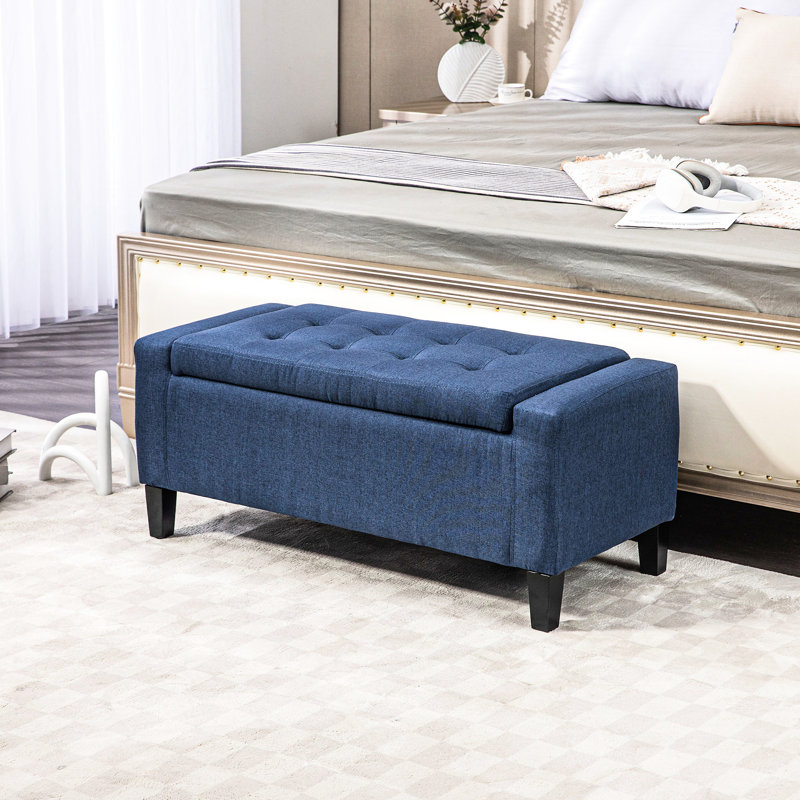 Banc de rangement bleu foncé By, revêtement en lin recouvert de boutons, chambre à coucher polyvalente et repose-pieds en lin, plateau pour la maison et les espaces intérieurs, solution de repos fonctionnelle