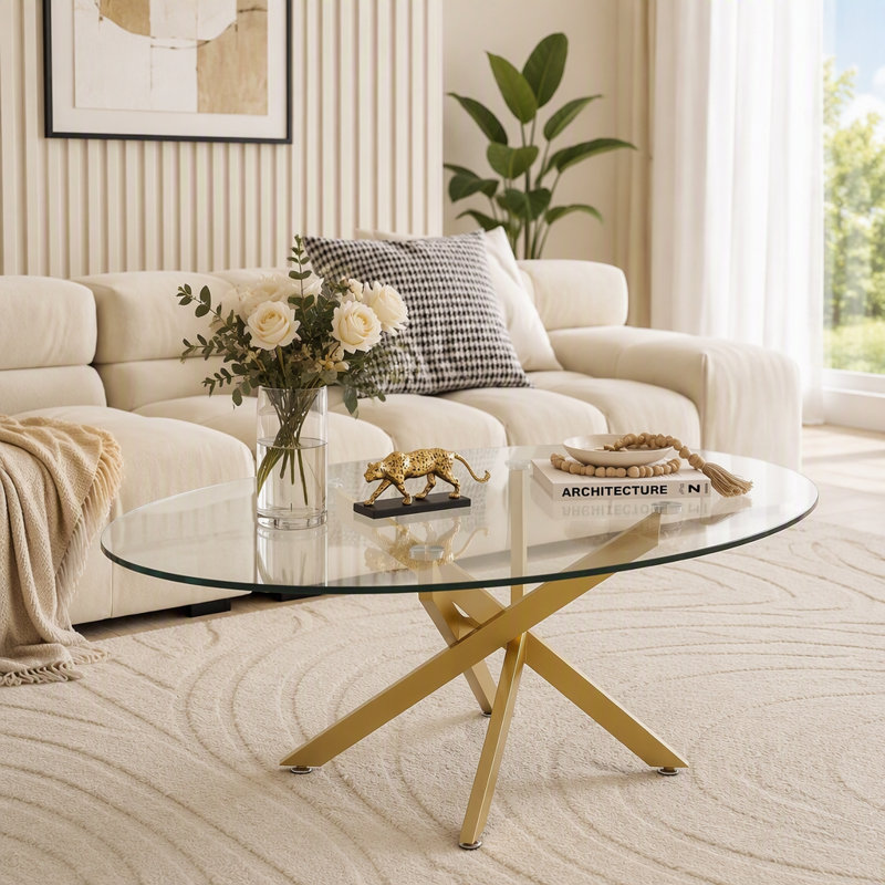Table basse ovale en verre 39,37 pouces avec pieds, Gold+Transparent