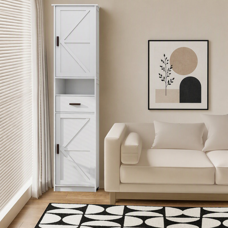 Armoire de salle de bain de 69 po de hauteur avec 2 portes de grange et un tiroir, unité de plancher étroite blanche avec tablettes réglables pour le salon, le vestibule et la cuisine