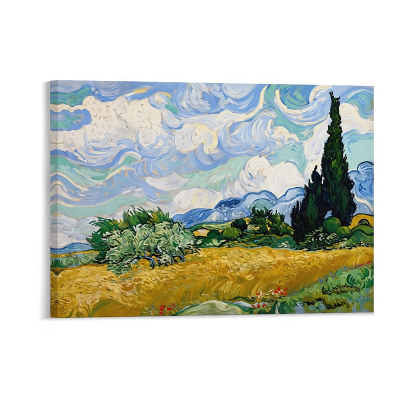 Champ de blé tourbillonnant, cadre en bois à l'arrière encastré, art mural impressionniste, l 36 x L 24