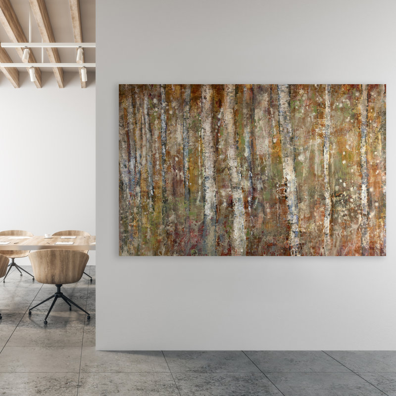 Forêt de bouleaux - peinture sur toile tendue, H 54 po x l 84 po, Gel coupé au couteau