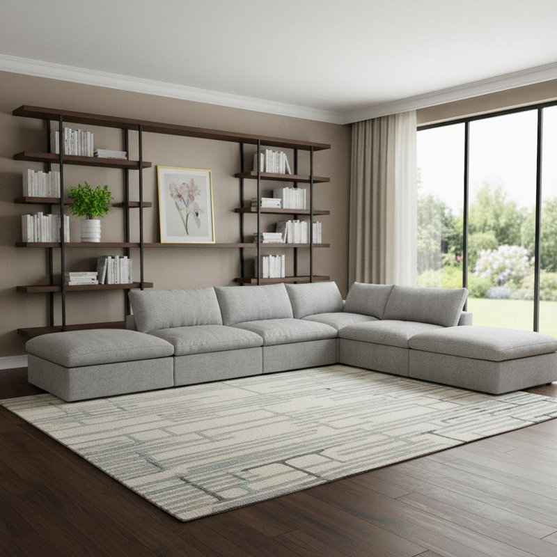 Canapé modulaire sans accoudoirs en mélange de lin de 160 po avec repose-pieds et rangement