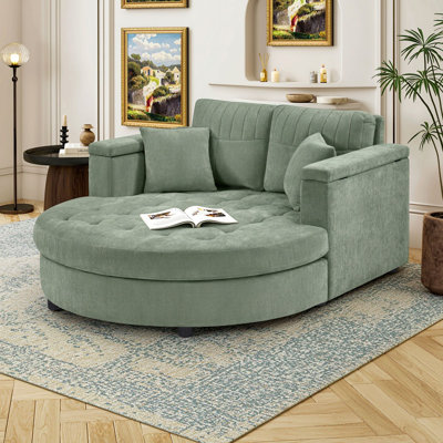 Canapé-lit 2 places incurvé avec assise capitonnée, coussins amovibles, rangement intégré dans les accoudoirs, dossier rembourré et accoudoirs carrés