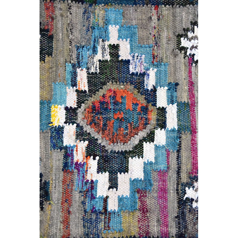 Tapis bleu/gris en coton fait main kilim Rey, Rectangle 8 pi x 10 pi