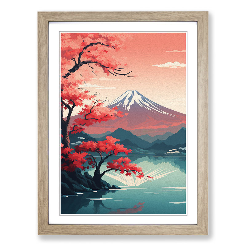 Mount Fuji Art Deco No.2 - Single Picture Frame Print on Wood, Oak Framed, 46cm H x 34cm W x 2cm D