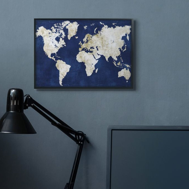 Carte du monde marine et or délavé par Alicia Vidal - impression d'art graphique, Giclée encadrée noir minuit