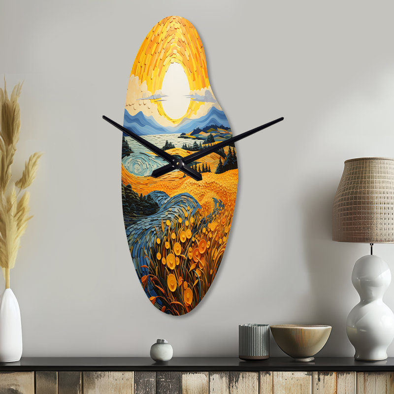 Vangogh Harvest Time In The Wheat Fields II - Curved Shape Large Yellow Wall Clock - Unique Shape, Medium