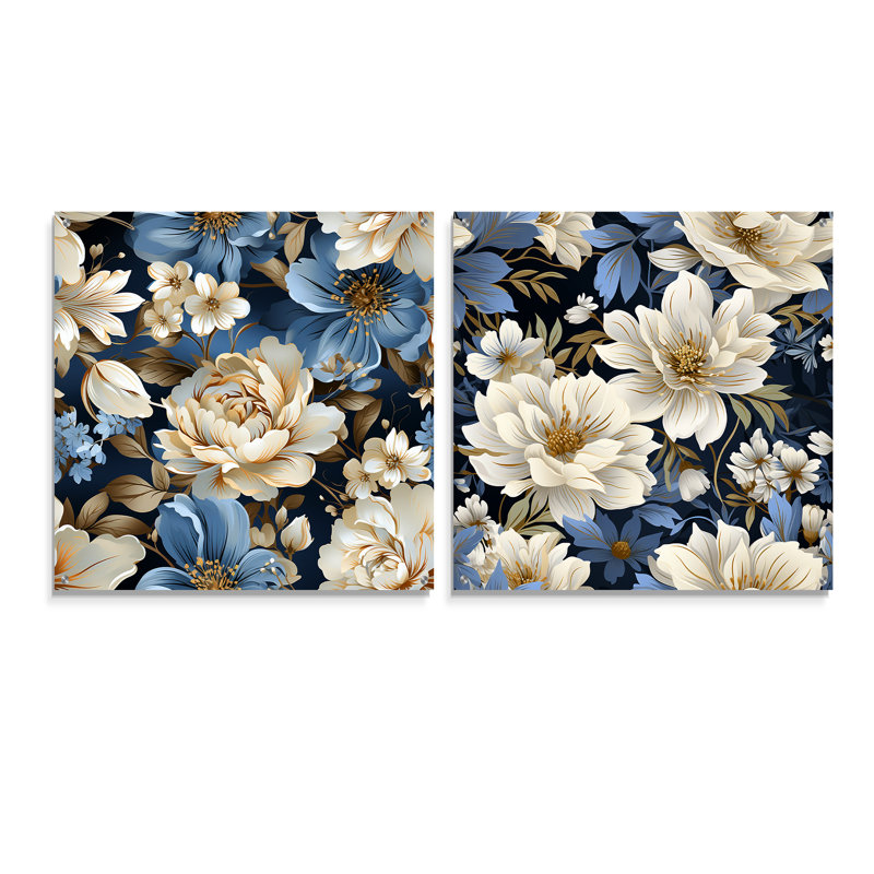 Motif floral bleu rétro Finesse - ensemble d'art mural en acrylique sur verre floral, H 16 po x l 33 po