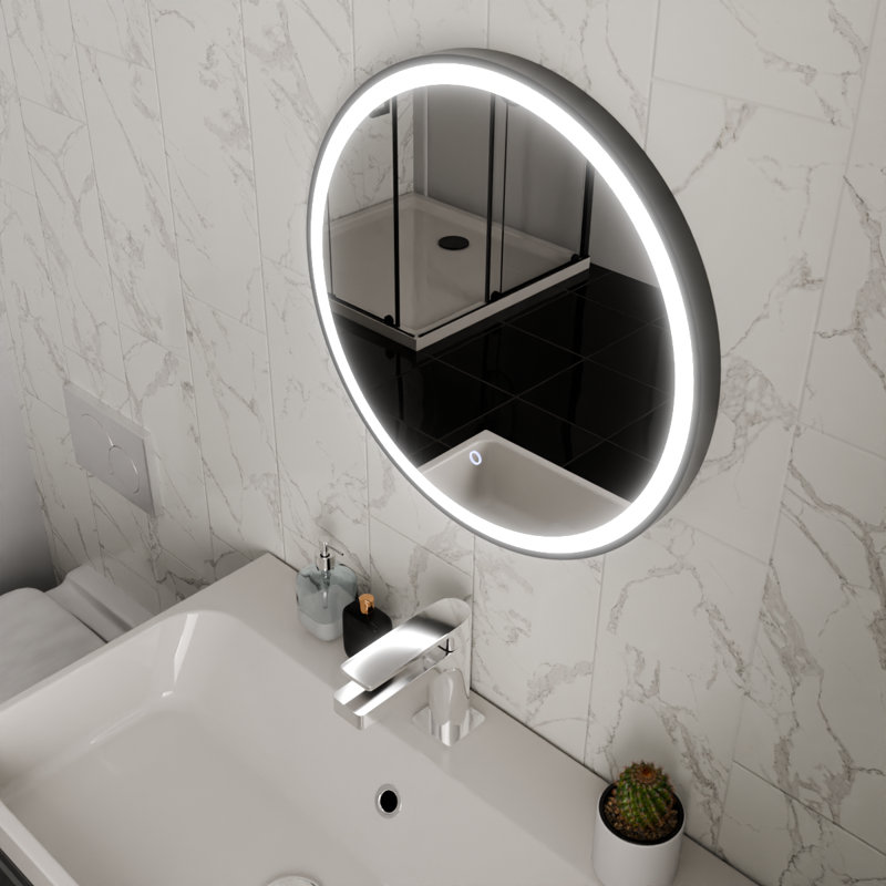 Round LED Bathroom Mirror Fog Free Touch Sensor, 60 cm H x 60 cm W, Matt Black
