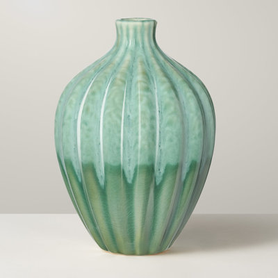 6" Green Ceramic Reactive Glaze Ribbed Gourd Vase