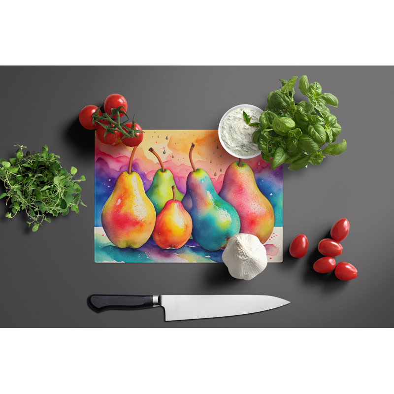 Grande planche à découper en verre avec poires colorées