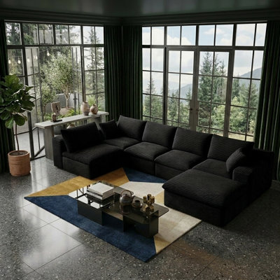 Canapé modulaire en forme de U de 135,4 po pour salon, canapé modulaire surdimensionné sans os avec repose-pieds, canapé moderne avec assise profonde, sans assemblage requis, noir