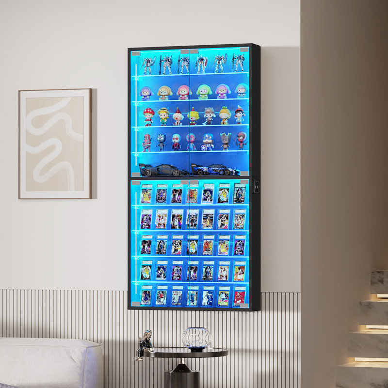 Wall Display Case with Glass Doors, Sports Card Display Case 10-Tier, Adjustable Glass Shelves, Shot Glass Display Case for Collectibles, Display Cabinet for Trading Cards, Black