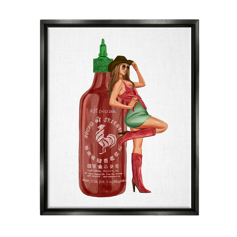 «Southern Girl Hot Sauce Bottle» par Ziwei Li, impression, H 21 po x l 17 po x P 1,7 po, Cadre flottant noir de jais