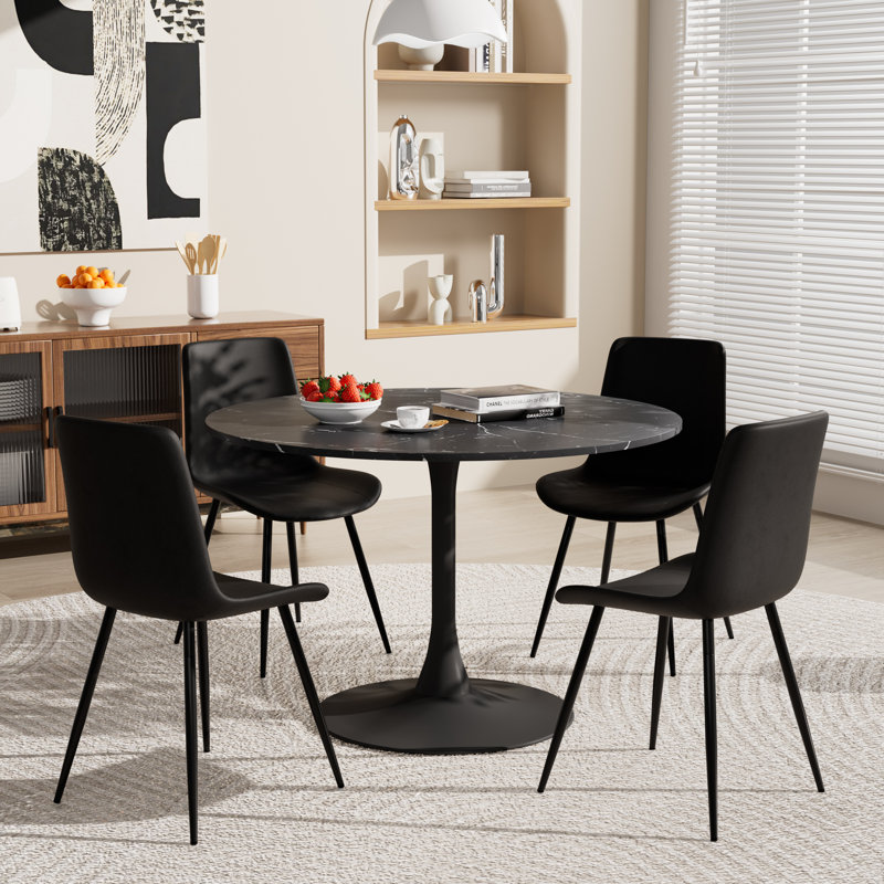 Ensemble de table ronde pour 4 (1 table + 4 chaises), Noir, Noir / Noir, H 28,7 po x L 42,1 po x l 42,1 po