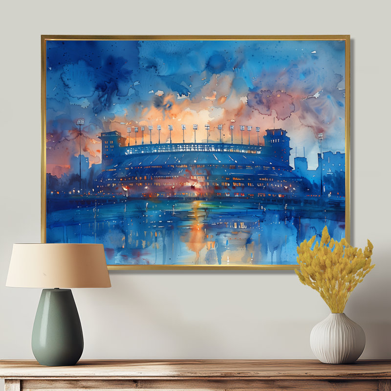 «Blue Orange Footbal Stadium At Night - Stades», reproduction d'art mural, Toile argentée avec cadre flottant