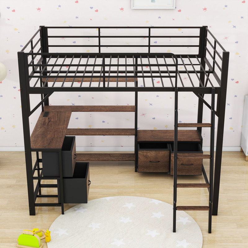 Loft Bed With Desk, LED Light, Storage Shelves, And Charge Station, Full