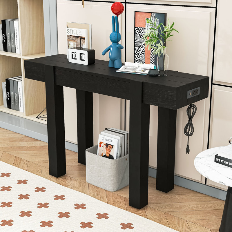 Console rustique minimaliste avec patins réglables, tiroir et prises de courant latérales, Noir