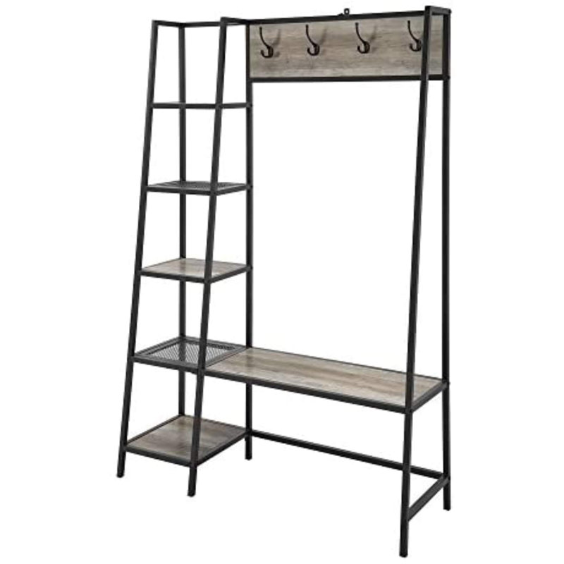 Versatile Industrial Hall Tree - With Metal Frame And 6 Shelves, Gray Wash