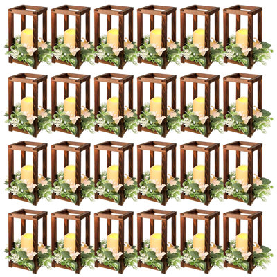 Centre de table rustique avec lanternes en bois, bougies DEL et couronnes de fleurs, décoration de mariage champêtre, 24 pièces