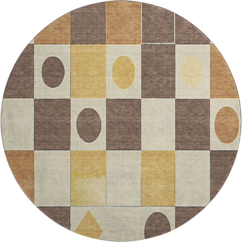 Tapis géométrique lavable à la machine de qualité supérieure Mayfield, Rond 8 pi, Brun