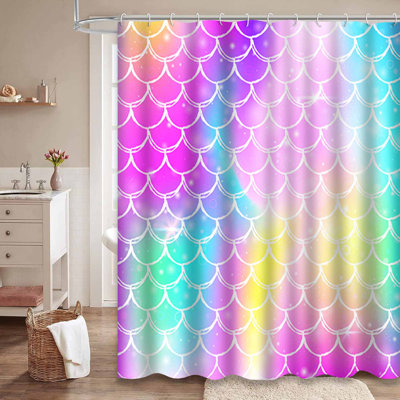 Mermaid Magic Rainbow Scales Sparkles Waterproof Shower Curtain with 12 Hooks