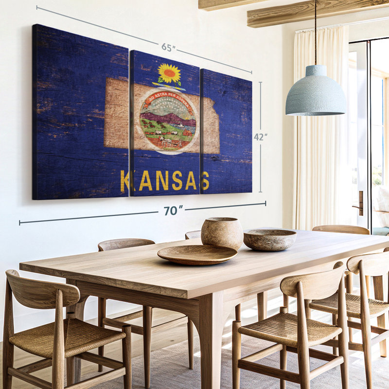 Carte "State Map Over Kansas Flag Canvas Print" sur, H 42 po x l 65 po x P 1,25 po
