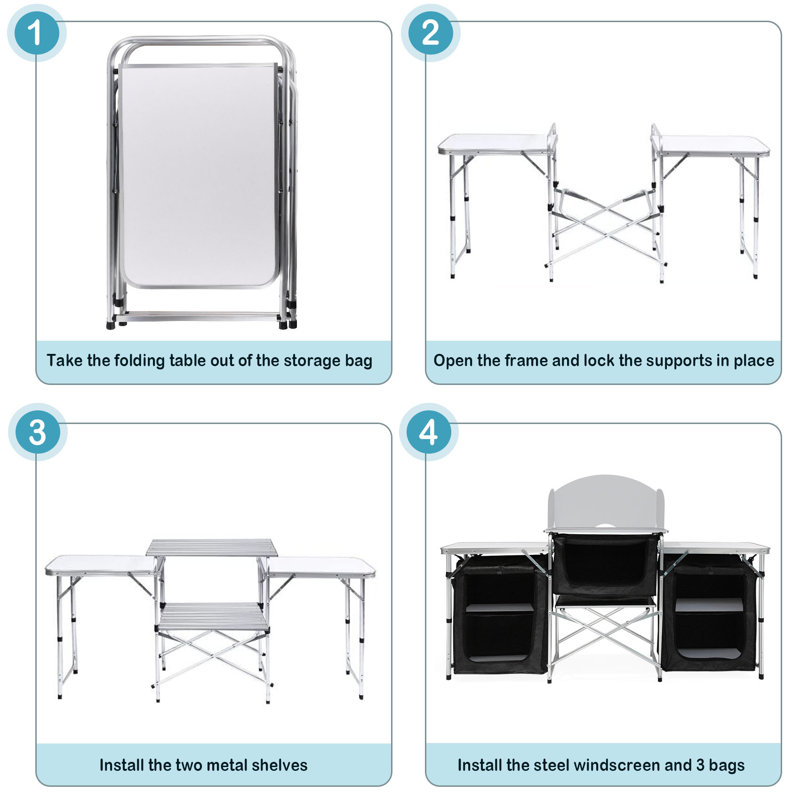 Aluminum Portable Camping Kitchen Table with Windscreen and Storage