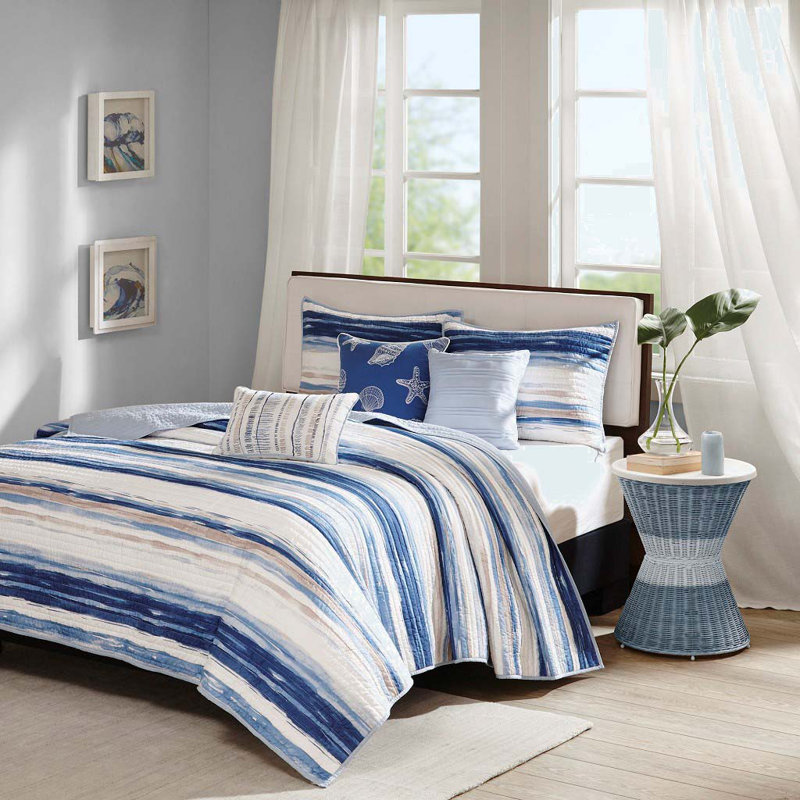 Ensemble de courtepointe 6 pièces avec coussins décoratifs bleu, Courtepointe double / grand + 2 taies décoratives