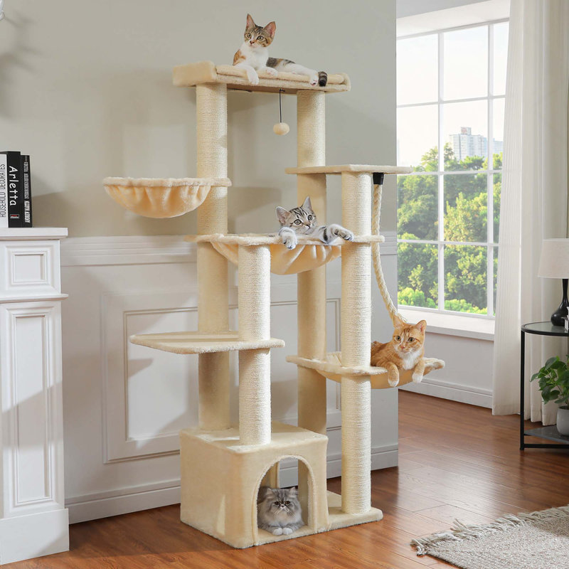 Tour pour chat 67 grands chats d'intérieur pour adultes avec 7 poteaux à griffer épais, condo à plusieurs niveaux, grand perchoir et hamacs
