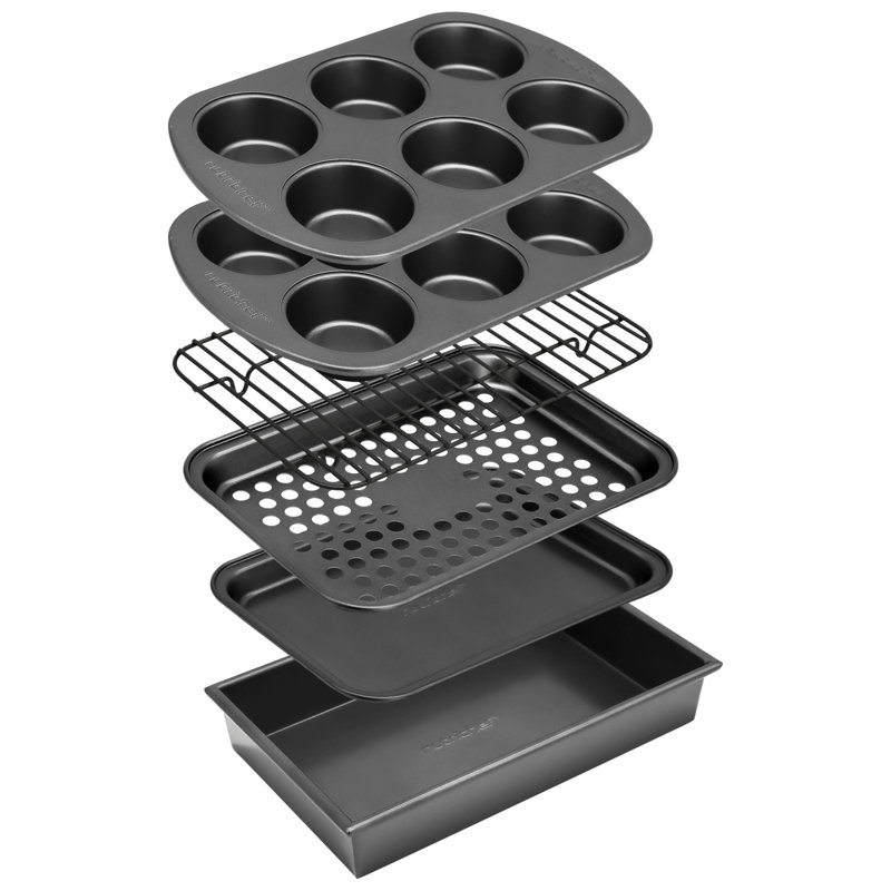 Nutrichef 6 Pieces Toaster Bakeware Set - Stackable And Non-Stick Gray Coating Inside & Outside Bake Tray Sheet Bakeware Set (Gray)