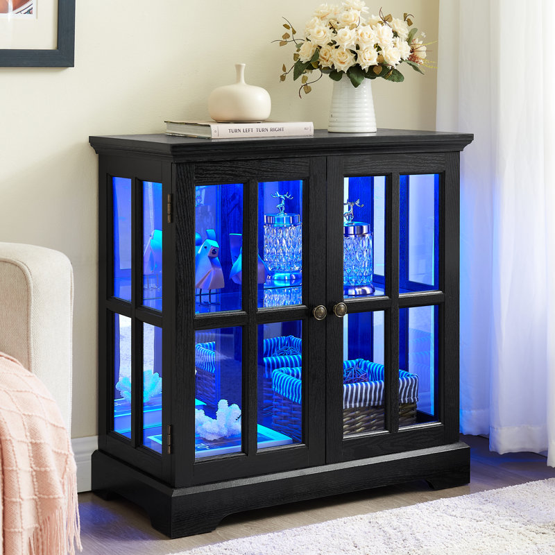 Armoire antique en verre noir avec système à 7 couleurs à DEL, rangement réglable, porte magnétique et plateau de table lisse pour la fermeture de l'organisation à domicile, la bande, la salle à manger de base