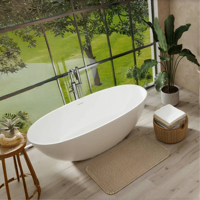 65" Freestanding Solid Surface Bathtub, Luxury Handcrafted Stone Resin Freestanding Soaking Bathtub With Overflow And Pop-Up Drain, Glossy White