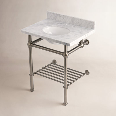 Kingston Brass Templeton 30-Inch Carrara Marble Console Sink with Brass Legs and Shelf (8-Inch, 3-Hole)