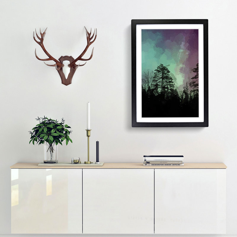 Northern Lights over the Forest in Abstract - Picture Frame Graphic Art Print, 87cm H x 62cm W x 2cm D, Black Framed