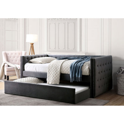 Transitional Gray Daybed With Trundle, Button - Padded Flannelette Upholstery And Nailhead Trim Design, Slat Kit Presented Finished , Inspired