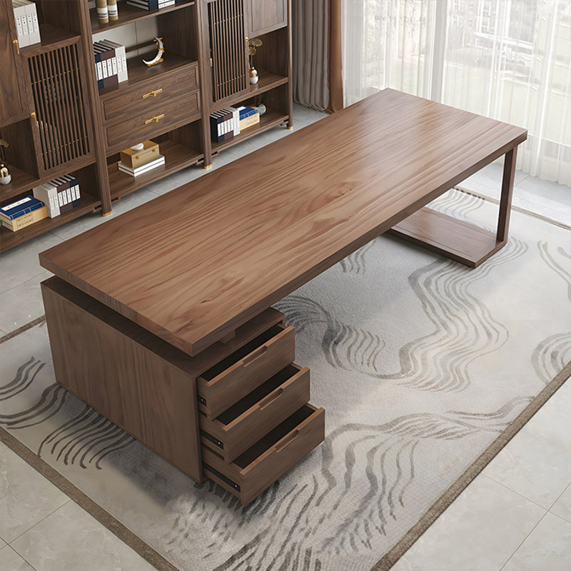 Bureau rectangulaire brun clair en bois massif avec 3 tiroirs, H 29,53 po x l 86,61 po x P 35,43 po