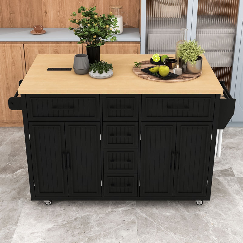 Rolling Kitchen Island Cart with Drop Leaf, Power Outlet, 5 Drawers and Adjustable Shelves, Black