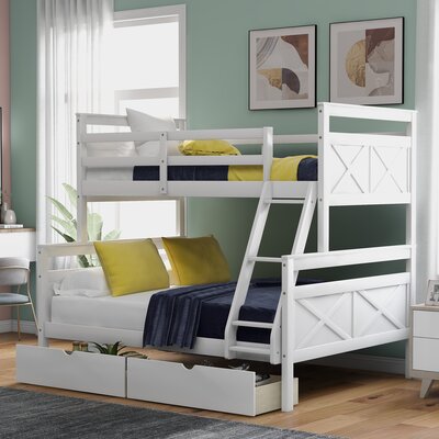 Twin Over Full Bunk Bed With Ladder, Two Storage Drawers, Safety Guardrail, White -  Harriet Bee, 6DCA706C0E434BFF91C7D311B9A8427D