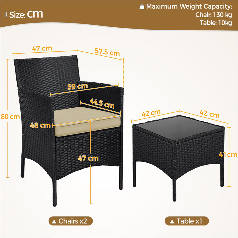 Argonne 2 Seater Rattan Conversation Set, Black/Khaki