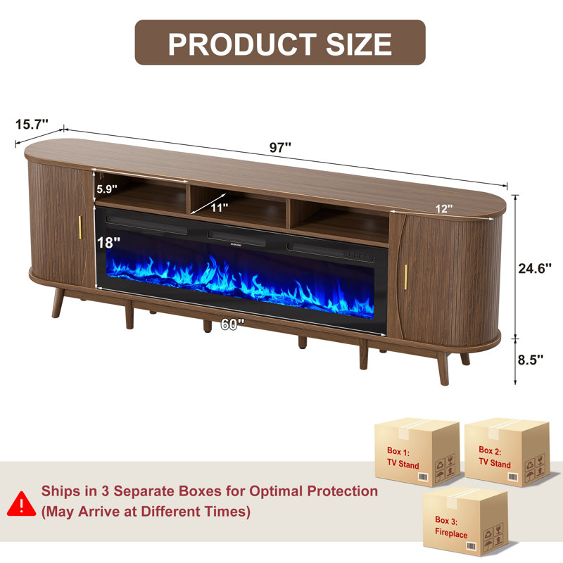 97"W Modern TV Stand With 60" Electric Fireplace For Tvs Up To 100", Tambour Door Media Console Cabinet, Fluted Entertainment Center