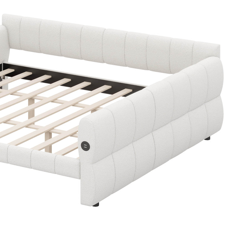 King Size Upholstered Daybed Frame With USB, Soft Lambswool Platform Bed, White